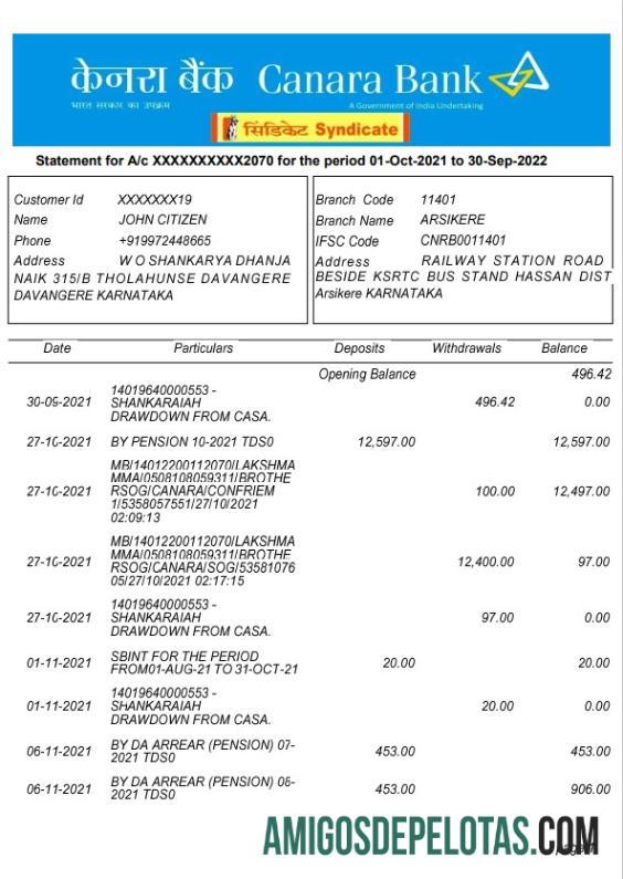 Modelo realista de extrato bancário da Índia Canara, formato Word e PDF, 5 páginas, versão 2